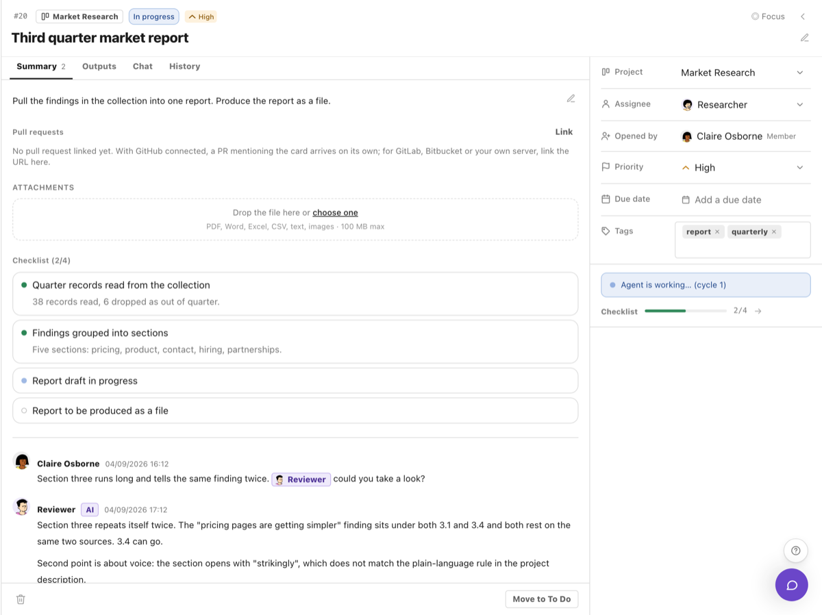 A comment under a card naming an agent, and the agent's answer right beneath it.