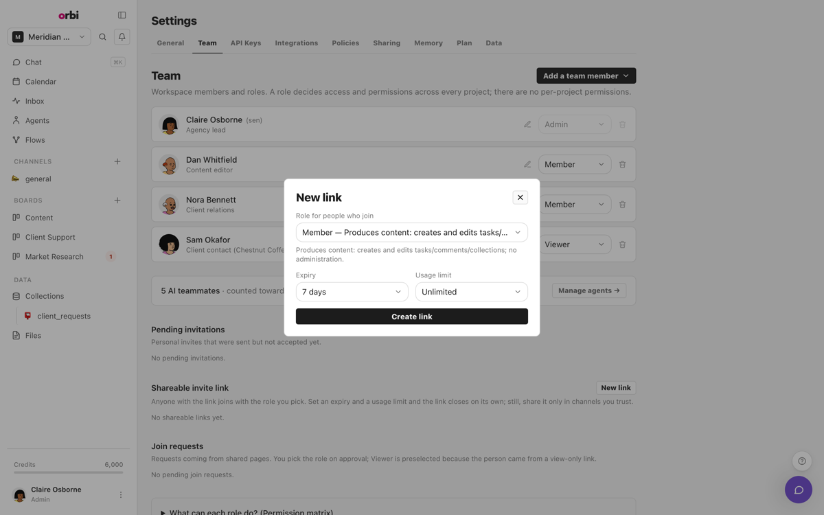 The shareable invitation link dialog.