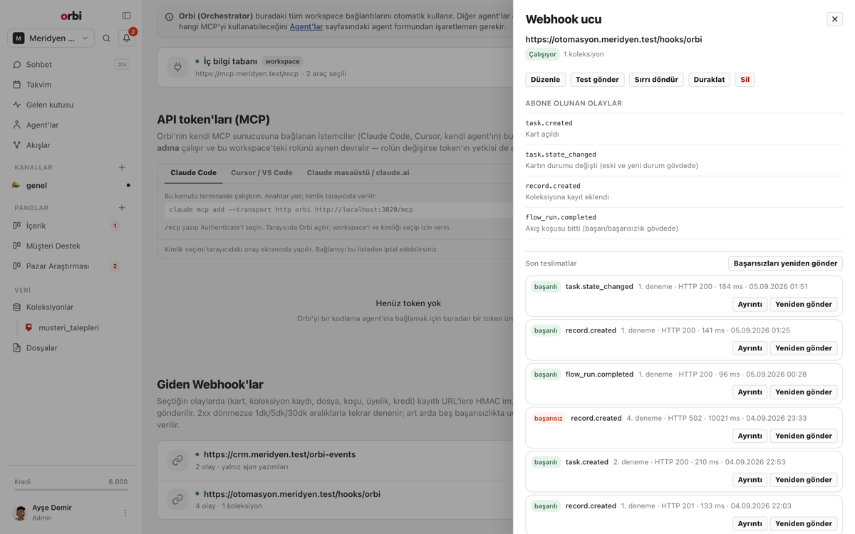 Bir webhook ucunun paneli.